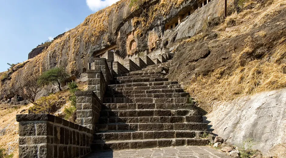 The carved stone steps up to the Lenyadri cave temple