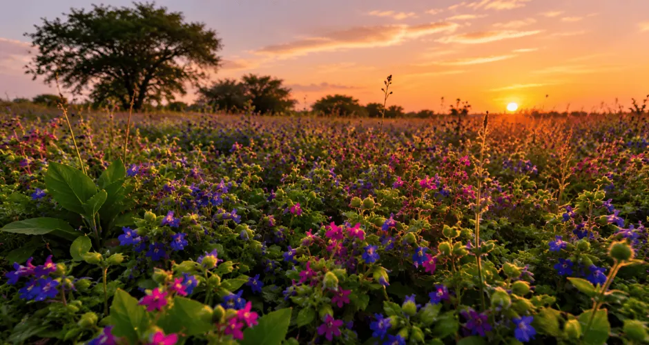 Wildflowers in bloom on the Kaas Plateau near Satara at sunset